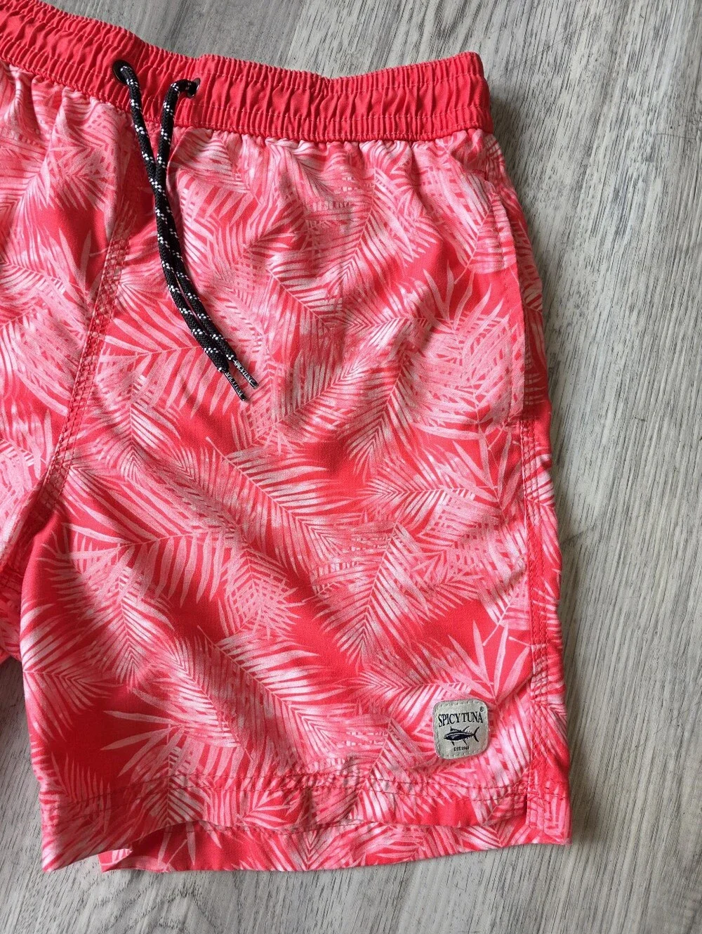 Spicy Tuna Men’s Small Pink Palm Leaf Swim Trunks 6” Inseam Lined Beach Shorts